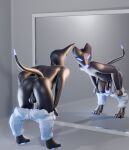 3d_(artwork) anthro backsack balls bent_over big_butt big_penis black_body bottomwear butt clothing digital_media_(artwork) genitals glowing glowing_eyes glowing_genitalia glowing_nose glowing_penis hi_res kompakt makeup male mirror navel pants paws penis presenting presenting_balls presenting_hindquarters slightly_chubby solo tail taking_off_pants undressing