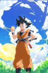  1boy ankle_boots aonano_db backlighting black_eyes black_footwear black_hair blue_sash blue_sky blue_wristband blurry blurry_foreground boots clenched_hand closed_mouth clothes_lift cloud cloudy_sky cumulonimbus_cloud day dougi dragon_ball dragon_ball_(classic) dragon_ball_(object) dragon_ball_z facing_viewer feathers feet_out_of_frame fingernails flying_nimbus forest glowing grass hand_on_own_hip happy highres holding holding_dragon_ball leaf light_particles looking_at_object looking_down male_focus messy_hair muscular muscular_male nature obi orange_pants outdoors pants pectorals rope ruyi_jingu_bang sash sheath sheathed short_sleeves sky smile son_goku spiked_hair standing sunlight tareme tree undershirt weapon white_feathers wind wind_lift wristband 