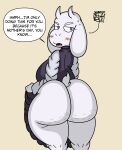  absurd_res anthro big_breasts big_butt blush bodily_fluids boss_monster_(undertale) bovid breasts butt caprine cellulite clothed clothing clothing_lift curvy_figure dress dress_lift embarrassed female goat hashidoodle hi_res horn huge_breasts huge_butt looking_away mammal mature_female no_underwear presenting presenting_hindquarters purple_eyes solo speech_bubble sweat sweatdrop text thick_thighs toriel undertale_(series) voluptuous wide_hips 