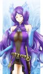  1girl blue_background blue_fire blue_gloves breasts brighid_(xenoblade) closed_eyes closed_mouth covered_navel dagger dated dress elbow_gloves facing_viewer fire gloves highres hisin knife large_breasts long_hair purple_dress purple_hair sheath sheathed signature smile solo two-tone_background very_long_hair weapon white_background xenoblade_chronicles_(series) xenoblade_chronicles_2 