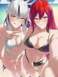 2girls beach bikini black_bikini black_hair breasts censored cleavage closed_mouth commentary_request commission fate/grand_order fate_(series) fingering green_eyes grey_hair hair_between_eyes halterneck large_breasts long_hair mixed-language_commentary mosaic_censoring multicolored_hair multiple_girls mutual_fingering mutual_masturbation nagao_kagetora_(fate) navel nipples o-ring ocean outdoors parted_lips pixiv_commission ponytail red_hair selfie smile standing streaked_hair swimsuit tamamoice two-tone_hair uesugi_kenshin_(fate) v white_bikini yuri 