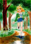  1990s_(style) 1girl ahoge artist_logo artist_name blonde_hair blue_necktie blue_skirt bow collar collarbone dirt_road flower foliage footwear_bow forest green_jacket ink_(medium) jacket looking_to_the_side marker_(medium) nature necktie open_mouth original outdoors path r&#039;l retro_artstyle road running school_uniform shoes short_hair skirt smile socks solo traditional_media white_collar 