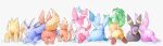  absurdres animal_focus ass ass_focus black_fur blue_fur brown_fur eevee espeon evolutionary_line fins flareon fluffy forked_tail from_behind full_body glaceon head_fins highres illustrattyako jolteon leaf leafeon lying no_humans on_stomach pink_fur plant_ears plant_tail pokemon pokemon_(creature) prehensile_ribbon purple_fur red_fur ribbon simple_background sitting sylveon tail tail_wrap umbreon vaporeon white_background yellow_fur 