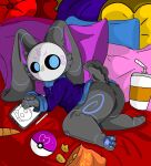  2023 anthro bed beverage blue_eyes bottomless butt carrot chips_(food) clothed clothing drawing_tablet elchuydra female food fur furniture grey_body grey_fur hi_res lagomorph leporid looking_at_viewer love_ball mammal markings mask nintendo on_bed pawpads paws pillow plant pokeball pokemon rabbit scut_tail short_tail solo spiral_eyes stylus sweater sweater_only tail thick_thighs tochtli topwear topwear_only vegetable 