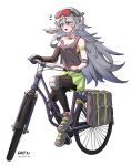  1girl absurdres alternate_costume arknights armlet bag bare_shoulders bicycle black_leggings blue_eyes blush commentary_request compression_sleeve dated elbow_pads feathered_wings feathers gaoling_gangqin goggles goggles_on_head green_skirt grey_tank_top head_wings highres knee_pads leggings long_hair mulberry_(arknights) open_mouth riding riding_bicycle simple_background skirt solo strap_slip tank_top very_long_hair white_background white_feathers white_hair white_wings wings 