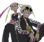  1boy 1girl arm_tattoo black_jacket blonde_hair collarbone commission do9bessa eyeshadow guzma_(pokemon) jacket jewelry looking_at_viewer makeup midriff multicolored_hair necklace pink_hair plumeria_(pokemon) pokemon pokemon_sm quad_tails simple_background sunglasses tattoo team_skull two-tone_hair watch white_background white_hair wristwatch yellow_eyes 