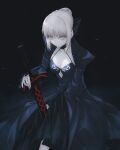  1girl artoria_pendragon_(fate) black_background black_collar black_dress blonde_hair braid braided_bun breasts cleavage_cutout closed_mouth clothing_cutout collar dress english_commentary excalibur_morgan_(fate) fate/grand_order fate/hollow_ataraxia fate/stay_night fate_(series) fov_ps hair_bun halter_dress halterneck high_collar light_frown long_sleeves looking_at_viewer medium_breasts pale_skin saber_alter short_hair solo sword weapon wide_sleeves yellow_eyes 