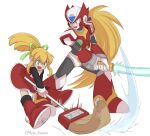  1boy 1girl android armor ayla_kazemi blonde_hair blue_eyes boots broom dress energy_sword gloves green_eyes hair_ribbon helmet holding holding_broom holding_weapon long_hair male_focus mega_man_(series) mega_man_x_(series) open_mouth ponytail red_dress ribbon robot roll_(mega_man) skirt smile sword very_long_hair weapon z_saber zero_(mega_man) 