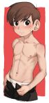  1boy blush brown_hair chilchuck_tims closed_mouth cowboy_shot dungeon_meshi highres large_ears male_focus navel nipples pants short_hair solo tama!_(lazyturtle) topless_male 