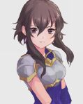  1girl armor black_hair breastplate earrings elbow_gloves fire_emblem fire_emblem:_genealogy_of_the_holy_war gloves grey_background hair_between_eyes hashiko_(neleven) jewelry larcei_(fire_emblem) looking_at_viewer purple_tunic serious short_hair shoulder_armor sidelocks simple_background solo staring tomboy tunic 