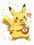  bottle brown_eyes full_body heart holding ketchup ketchup_bottle no_humans open_mouth pikachu pokemon pokemon_(creature) roku_(rokkrn) simple_background smile solo standing white_background yellow_fur 
