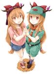  +_+ 2girls alternate_costume backwards_hat bangs baseball_cap belt black_belt blonde_hair blue_legwear blue_shorts blush bow brown_footwear brown_hoodie closed_mouth commentary_request cookie_(touhou) dual_persona full_body green_headwear green_shirt green_shorts haiperion_buzan hair_between_eyes hat highres holding_hands hood hoodie horns horns_through_headwear ibuki_suika interlocked_fingers long_hair looking_at_viewer multiple_girls necktie open_mouth orange_necktie pink_headwear pink_shirt red_bow red_eyes shirt shoes shorts simple_background smile sneakers socks standing t-shirt touhou white_background yamin_(cookie) 