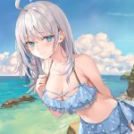  1girl absurdres ahoge alisa_mikhailovna_kujou bangs bare_shoulders bikini blue_bikini blue_eyes blue_ribbon blue_sky blue_swimsuit blush breasts cleavage cloud collarbone frilled_bikini frills grey_hair hair_ribbon highres large_breasts long_hair looking_at_viewer momoko_(momopoco) navel ocean ribbon sky smile solo sweat swimsuit tokidoki_bosotto_roshia-go_de_dereru_tonari_no_arya-san 