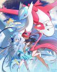  2girls absurdly_long_hair absurdres arknights barefoot black_cape blue_dress blue_eyes blue_footwear blue_petals blush cape character_request commentary_request crossover dated dress feathered_wings feathers gaoling_gangqin gradient_dress hair_petal head_wings highres jirachi latias latios long_hair mulberry_(arknights) mulberry_(reflection_that_of_the_moons)_(arknights) multiple_girls pokemon pokemon_(creature) red_eyes red_hair see-through see-through_sleeves sleeves_past_fingers sleeves_past_wrists very_long_hair very_long_sleeves white_feathers white_hair white_wings wings 
