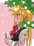  1girl absurdres black_sweater_vest blonde_hair blush bocchi_the_rock! bow branch closed_mouth collared_shirt commentary crying crying_with_eyes_open feathers flower foliage from_side highres holding holding_flower ijichi_nijika incense leaf long_hair long_sleeves looking_ahead misokin mother&#039;s_day pink_background red_bow sad school_uniform shirt side_ponytail sidelocks smoke smoke_trail solo sweater_vest tears upper_body wavy_mouth white_flower white_shirt 