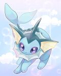  blue_skin blue_tail blush colored_skin em_ivy_akippoi fins fish_tail head_fins highres looking_at_viewer no_humans pokemon pokemon_(creature) purple_eyes solo spikes tail vaporeon 