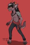  2023 abs absurd_res anthro black_bottomwear black_clothing black_hair bottomwear brown_body brown_fur canid canine canis clothed clothing digital_drawing_(artwork) digital_media_(artwork) fangs fluffy fluffy_ears fluffy_tail fur hair hi_res hooves horn long_hair looking_away male mammal orcakingu red_eyes simple_background snout solo standing tail teeth topless watermark wolf yuu_(orcakingu) 