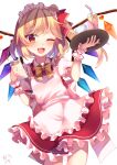  1girl ;d alternate_costume apron bangs blonde_hair chisiro_unya_(unya_draw) cowboy_shot crystal cup dress drinking_glass drinking_straw eyebrows_visible_through_hair flandre_scarlet holding holding_tray looking_at_viewer maid maid_day maid_headdress one_eye_closed one_side_up open_mouth red_dress red_eyes simple_background smile solo standing teacup touhou tray white_apron white_background wings 