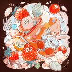 ;o absurdres aqua_eyes blush blush_stickers brown_background cake checkerboard_cookie cherry closed_mouth cookie food food_on_face food_on_head fork fruit glef_life highres icing kirby kirby_(series) leaf looking_at_viewer mint multiple_persona no_humans object_on_head one_eye_closed open_mouth simple_background smile star_(symbol) strawberry strawberry_shortcake 