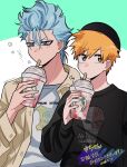  2boys alternate_costume black_sweater bleach blue_eyes blue_hair blush_stickers brand_name_imitation brown_eyes casual character_name closed_mouth clothes_writing commentary_request contemporary cup disposable_cup drinking drinking_straw facial_mark green_background grimmjow_jaegerjaquez hand_up highres holding holding_cup jacket kurosaki_ichigo long_sleeves looking_down looking_to_the_side mask_print multiple_boys open_clothes open_jacket orange_hair shirt short_hair side-by-side simple_background starbucks sweater twitter_username two-tone_background upper_body upturned_eyes v-shaped_eyebrows white_background white_shirt yanono_015 yellow_jacket 