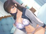  1girl bed bed_sheet black_hair blue_eyes blunt_bangs blush bra breasts closed_mouth collarbone curtains floral_print highres huge_breasts indoors kuroe_(sugarberry) lace-trimmed_bra lace-trimmed_panties lace_trim lamp long_hair long_sleeves looking_at_viewer navel necktie non-web_source on_bed open_clothes open_shirt original panties pillow school_uniform sidelocks sitting smile solo underwear window 