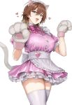  1girl :d aketa_mikoto animal_ears animal_hands apron braid breasts brown_eyes brown_hair cat_ears cat_tail collared_dress commentary_request dress fake_animal_ears fake_tail gloves gradient_eyes gradient_hair hair_between_eyes heart highres idolmaster idolmaster_shiny_colors large_breasts light_brown_hair long_hair looking_at_viewer maid_apron maid_headdress multicolored_eyes multicolored_hair paw_gloves paw_pose pink_dress puffy_short_sleeves puffy_sleeves short_sleeves simple_background smile solo tail thighhighs tsurui twin_braids white_background white_thighhighs 