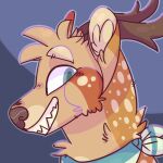  2017 ambiguous_gender anthro antlers blue_background blue_eyes blue_kerchief blue_neckerchief brown_antlers brown_body brown_fur brown_nose cel_shading deer digital_drawing_(artwork) digital_media_(artwork) eyebrows fur grin head_tuft headshot_portrait horn icon inner_ear_fluff jaspering kerchief low_res mammal neckerchief portrait shaded side_view simple_background smile snout solo tan_eyebrows tan_inner_ear tan_inner_ear_fluff tuft 