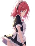  1girl absurdres alternate_costume annoyed apron ass black_dress blush borgbutler bow bowtie closed_mouth commentary cowboy_shot dress enmaided frilled_apron frills hair_between_eyes highres light_frown looking_at_viewer love_live! love_live!_school_idol_project maid maid_apron maid_headdress medium_hair nishikino_maki panties pantyshot puffy_short_sleeves puffy_sleeves purple_eyes red_hair ribbon short_hair short_sleeves sidelighting simple_background skirt solo standing tsurime underwear waist_apron white_apron white_background white_panties wrist_cuffs 