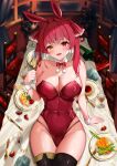  1girl :d alcohol animal_ears asparagus bare_shoulders black_thighhighs blush bottle bow bowtie breasts chair cleavage commentary_request covered_navel cup dessert detached_collar drinking_glass earrings fake_animal_ears food fork fruit glint heterochromia highleg highleg_leotard highres holding holding_cup hololive houshou_marine jewelry knife large_breasts leotard light_particles looking_at_viewer okibari_yasu open_mouth plant plate playboy_bunny pom_pom_(clothes) pom_pom_earrings potted_plant rabbit_ears red_bow red_bowtie red_eyes red_hair red_leotard salmon shrimp sitting smile solo strawberry table thighhighs twintails virtual_youtuber wrist_cuffs yellow_eyes 