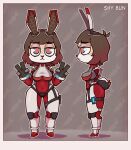  absurd_res anthro big_breasts blue_eyes bob_cut bodysuit breasts brown_hair clothing female futuristic gesture glowing glowing_eyes hair hand_gesture hi_res lagomorph leporid mammal rabbit shy_bun side_view skinsuit solo thick_thighs tight_clothing v_sign 