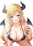  1girl :d absurdres bikini black_bikini black_horns blonde_hair blue_eyes blush breast_tattoo breasts cleavage collarbone demon_girl demon_horns demon_wings hair_ribbon highres holding hololive horn_ornament horn_ring horns izumi_kei large_breasts long_hair looking_at_viewer nail_polish navel open_mouth pointy_ears revision ribbon single_sidelock smile solo swept_bangs swimsuit tattoo virtual_youtuber wet white_background wings yuzuki_choco 