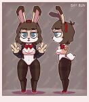  absurd_res anthro big_breasts blue_eyes bob_cut bow_tie breasts brown_hair bunny_costume clothing costume female gesture hair hand_gesture hi_res lagomorph legwear leporid mammal pantyhose rabbit shy_bun side_view solo solo_focus thick_thighs v_sign 