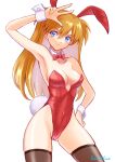  animal_ears bacillus blue_eyes bow bowtie breasts brown_hair brown_thighhighs contrapposto cowboy_shot detached_collar leotard medium_breasts neon_genesis_evangelion playboy_bunny rabbit_ears rabbit_tail red_bow red_bowtie red_leotard souryuu_asuka_langley standing tail thighhighs two_side_up v wrist_cuffs 