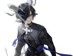  1boy animal_ears arknights black_hair black_pants black_shirt blue_eyes bokyo commentary_request frown goat_boy goat_ears goat_horns hair_over_one_eye highres horns lessing_(arknights) looking_at_viewer male_focus pants shirt short_hair simple_background solo upper_body white_background 