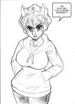  2024 angry anthro big_breasts black_and_white bottomwear breasts cavemanon_studios ceratopsian chochi clothed clothing curled_hair dialogue dinosaur english_text facial_horn female freckled_face freckles goodbye_volcano_high graphite_(artwork) hair hand_in_pocket hands_in_hoodie hi_res hoodie horn kinky_hair looking_at_viewer monochrome nose_horn open_mouth ornithischian pants pencil_(artwork) pockets reptile scalie sketch snoot_game solo speech_bubble text topwear traditional_media_(artwork) triceratops trish_(gvh) 