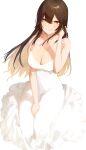  1girl absurdres bangs bare_shoulders blush breasts brown_eyes brown_hair cleavage collarbone dress highres large_breasts long_hair looking_at_viewer original rororo smile solo white_background white_dress 