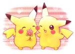  closed_eyes flower heart heart_tail holding holding_flower nii_(chiro_ru) no_humans one_eye_closed open_mouth pikachu pink_flower pokemon pokemon_(creature) smile standing tail yellow_fur 