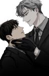  2boys black_gloves black_necktie black_suit brown_hair eye_contact gloves grey_hair hair_between_eyes hand_on_another&#039;s_neck highres ilay_riegrow jeong_taeui looking_at_another male_focus multiple_boys necktie nnn_0x0 parted_lips passion_(manhwa) short_hair simple_background smile suit teeth upper_body v-shaped_eyebrows white_background yaoi 