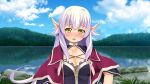  1girl atelier-moo black_bustier blush breasts capelet cleavage cloud collar dark_elf elf embarrassed forest hair_between_eyes highres lake large_breasts long_hair long_pointy_ears looking_down nature open_mouth pointy_ears purple_capelet purple_hair silvia_milsteen sky standing very_long_hair wizards_symphony yellow_eyes 