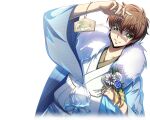  1boy arm_up artist_request blue_flower blue_haori brown_hair code_geass code_geass:_lost_stories collarbone cropped_torso dutch_angle ema flower fur_collar game_cg green_eyes hair_between_eyes hand_up haori haori_himo happy holding holding_flower japanese_clothes kimono kururugi_suzaku looking_at_viewer male_focus non-web_source official_art shading_eyes short_hair sidelocks simple_background smile solo standing tassel teeth translation_request transparent_background upper_body white_flower white_kimono 