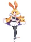  1girl absurdres aged_up animal_ears anini blonde_hair bow bracelet breasts demon_girl disgaea earmuffs full_body fur-trimmed_jacket fur-trimmed_sleeves fur_trim highres jacket jacket_on_shoulders jewelry looking_at_viewer rabbit_earmuffs rabbit_ears shoes short_eyebrows short_hair smile solo thick_eyebrows usalia_(disgaea) yellow_jacket 