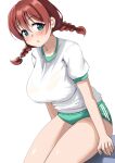  1girl aqua_eyes blush braid breasts brown_hair buruma commentary_request double_vertical_stripe emma_verde green_buruma gym_shirt gym_uniform hair_ornament highres large_breasts looking_at_viewer love_live! love_live!_nijigasaki_high_school_idol_club open_mouth pisagi shirt short_sleeves short_twintails sidelocks simple_background sitting solo thighs twin_braids twintails white_background white_shirt 