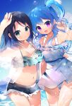  2girls bang_dream! black_hair character_hair_ornament closed_mouth collarbone cowboy_shot floral_print green_eyes hair_ornament hairclip light_blue_hair long_hair looking_at_viewer matsubara_kanon medium_hair multiple_girls navel okusawa_misaki one_side_up open_mouth purple_eyes water yun_(dust-i1) 