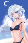  1girl ahoge bare_arms bare_shoulders blue_bra blue_eyes blue_hair blue_panties blue_sky bra breasts cleavage cloud collarbone commentary day furina_(genshin_impact) genshin_impact hair_between_eyes kokoe_(aexm4485) lace-trimmed_bra lace-trimmed_panties lace_trim looking_at_viewer multicolored_hair navel no_headwear outdoors panties short_hair sky small_breasts smile solo stomach streaked_hair underwear underwear_only upper_body white_hair 