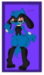  2023 anthro blue_body blue_fur character_name circle_glasses claws digitigrade elchuydra female finger_claws fur generation_4_pokemon head_tuft hi_res looking_at_viewer multicolored_body multicolored_fur nintendo pokemon pokemon_(species) purple_background red_eyes riolu signature simple_background solo toe_claws tuft two_tone_body two_tone_fur 
