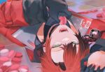  1boy bishounen black_gloves eating fangs food from_above gloves hand_up highres holostars holostars_english jacket looking_at_viewer lying macaron machina_x_flayon male_focus on_back open_mouth red_hair short_hair solo xmayo0x 