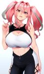  1girl absurdres azur_lane breasts bremerton_(azur_lane) cleavage cowboy_shot crop_top hair_intakes highres kento_(kentdrawing) large_breasts looking_at_viewer midriff mole mole_on_breast multicolored_hair open_mouth pink_eyes pink_hair pink_nails solo sportswear striped_hair two-tone_hair two_side_up vest white_vest 