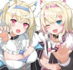  2girls absurdres animal_ear_fluff animal_ears bandaid bandaid_hair_ornament belt_collar black_collar black_jacket blonde_hair blue_eyes blue_hair blue_nails breasts claw_pose collar cropped_jacket cropped_shirt dog_ears dog_girl dress fangs fur-trimmed_jacket fur_trim fuwawa_abyssgard fuwawa_abyssgard_(1st_costume) hair_ornament hairpin headphones headphones_around_neck highres hololive hololive_english jacket kurikuriman large_breasts long_hair looking_at_viewer medium_hair mococo_abyssgard mococo_abyssgard_(1st_costume) multicolored_hair multiple_girls nail_polish one_eye_closed pink_eyes pink_hair pink_nails shirt siblings sisters skin_fangs small_breasts smile spiked_collar spikes streaked_hair twins two_side_up virtual_youtuber white_dress white_shirt x_hair_ornament 
