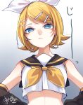  1girl :/ absurdres aqua_eyes armpit_crease armpits bare_shoulders black_sailor_collar black_sleeves blonde_hair bow breasts crop_top detached_sleeves gradient_background grey_background hair_bow hair_ornament hairclip half-closed_eyes hand_on_own_hip head_tilt highres kagamine_rin looking_at_viewer mai_mugi midriff narrow_waist neckerchief pale_skin sailor_collar serious shirt short_hair skinny sleeveless sleeveless_shirt small_breasts solo vocaloid white_shirt yellow_neckerchief 