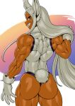  2022 animal_humanoid back_muscles butt clothed clothing deltoids female gloves grin hamstrings handwear humanoid lagomorph lagomorph_humanoid leotard leporid_humanoid mammal mammal_humanoid miruko muscular muscular_female my_hero_academia pokkuti rabbit_humanoid rear_view smile solo tan_body tan_skin triceps 